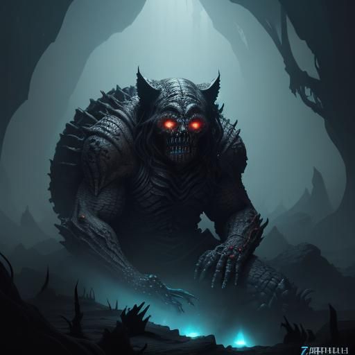 Cute Kitty in Skull Cave: Dark Fantasy Art