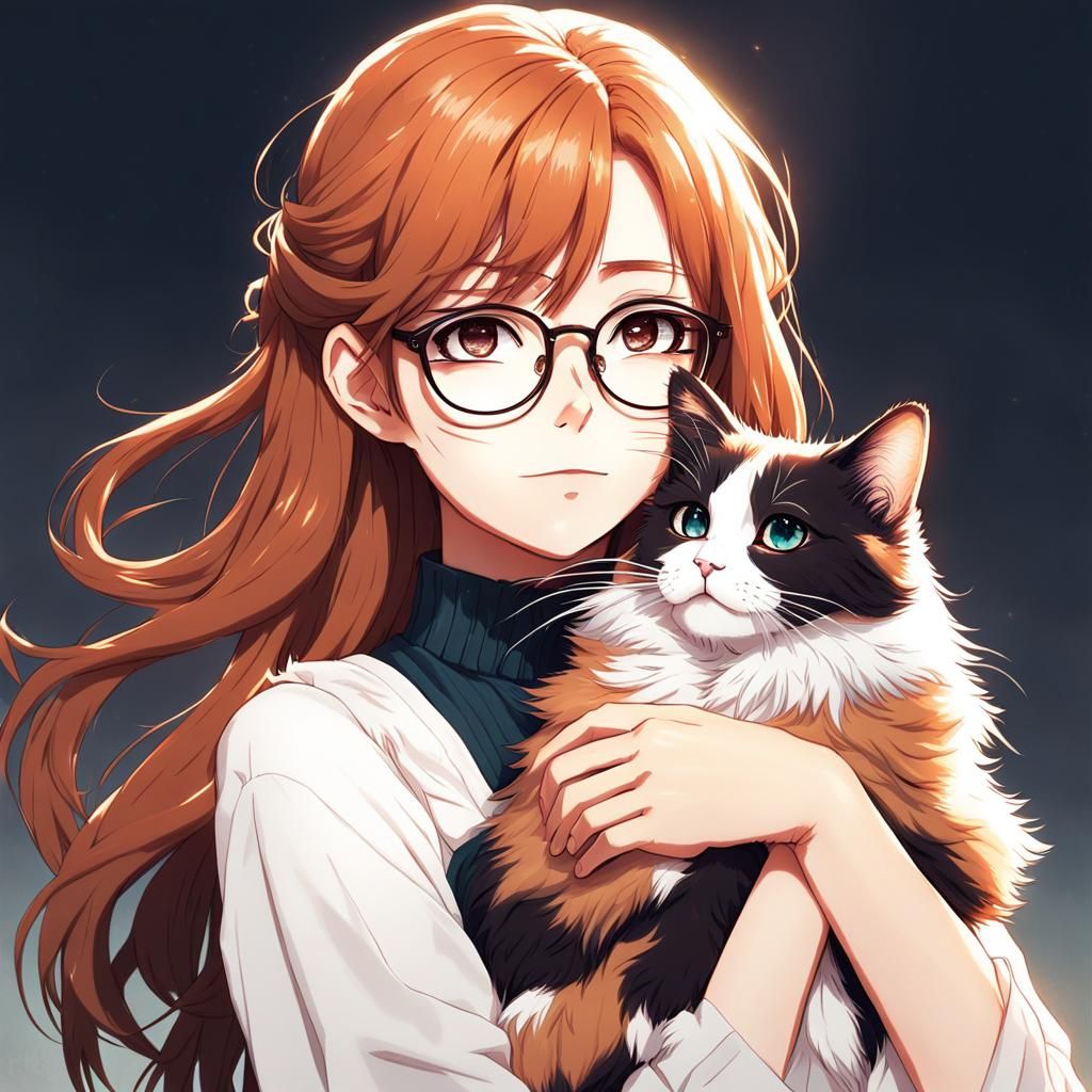 Auburn Girl with Calico Cat in Anime Style