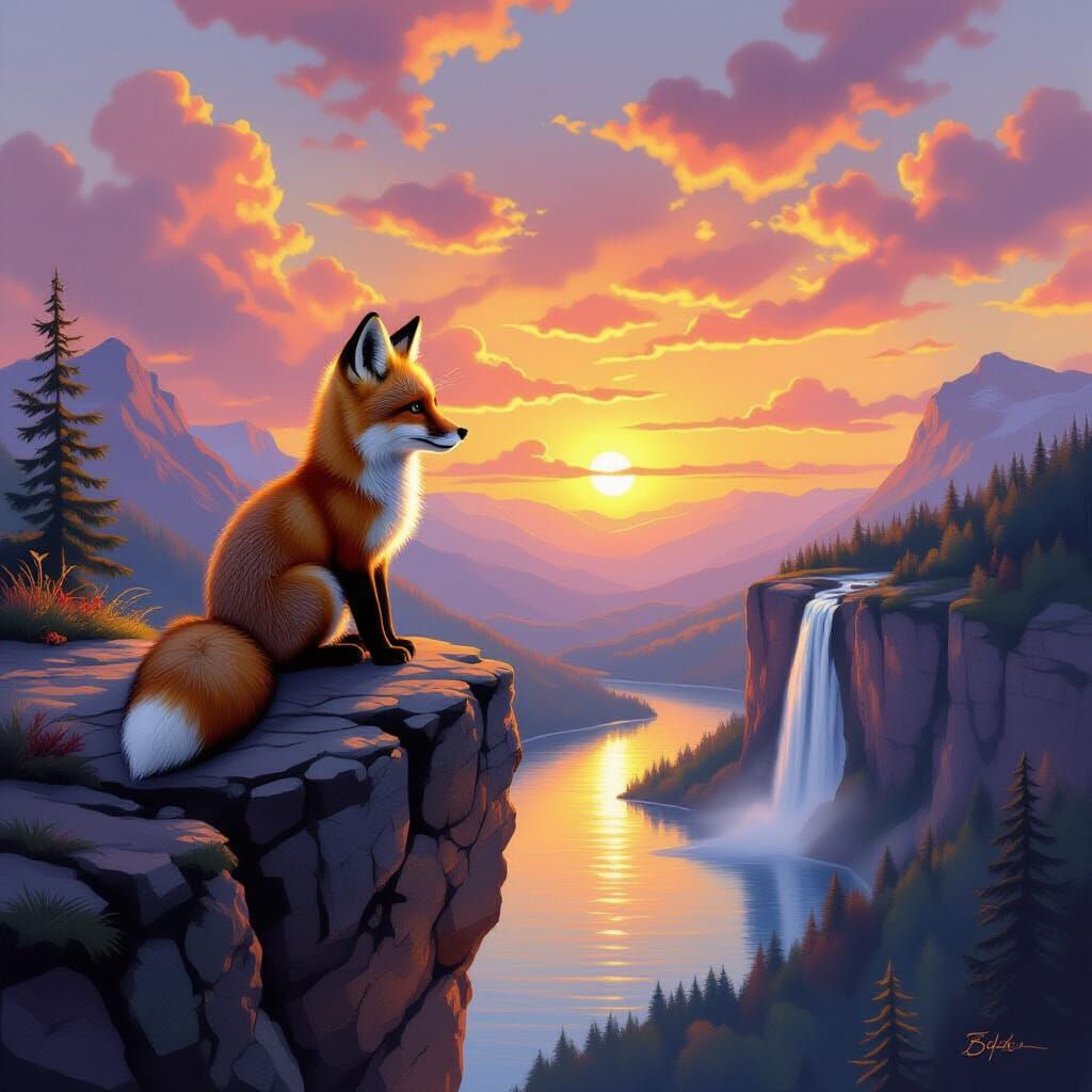 Baby Fox on Cliff Overlooking Sunset Lake and Waterfall