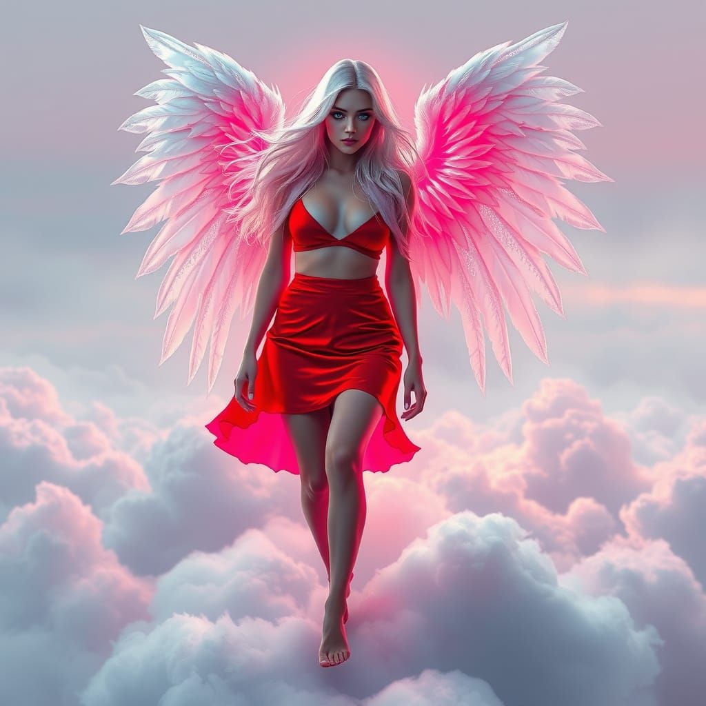 Ethereal Angel in Red Mini Skirt soars through Vibrant Cloud...