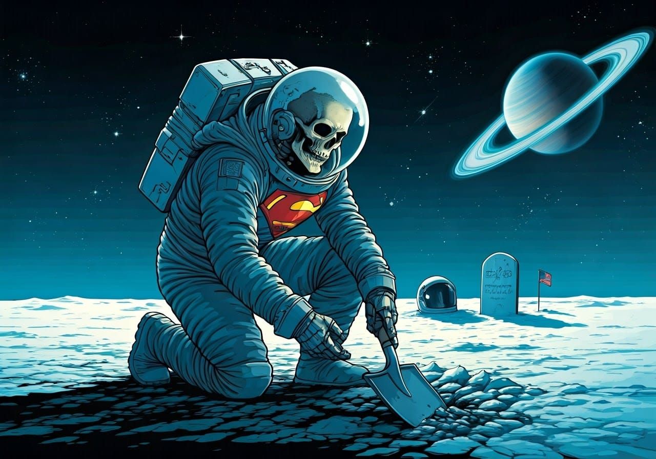 Astronaut Skeleton Digging Grave on Saturn Moon
