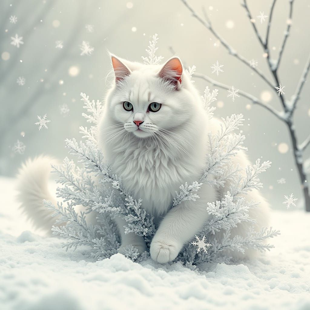Majestic White Cat Frolics in Snowy Wonderland with Whimsica...