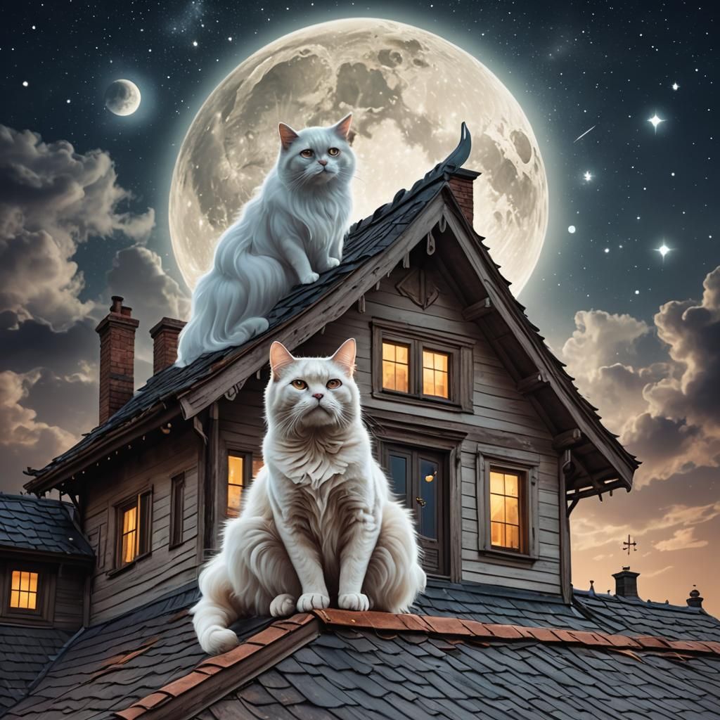 Glowing Ghost Cat on Roof Under Moonlight