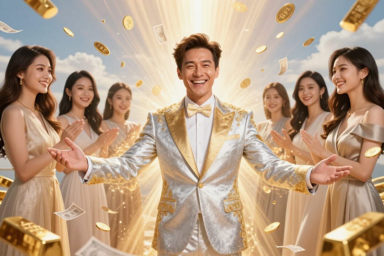 Successful Man in Gold Suit Radiates Wealth and Happiness