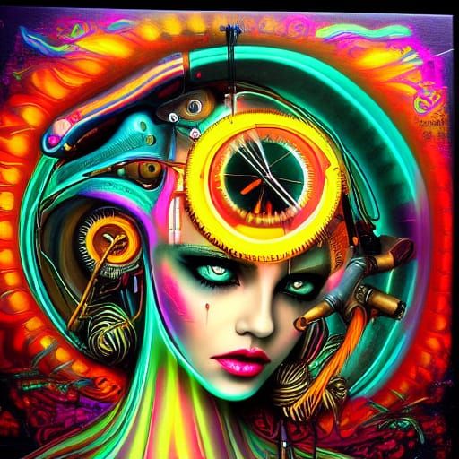 Steampunk Woman's Head Exploding with Neon Paint