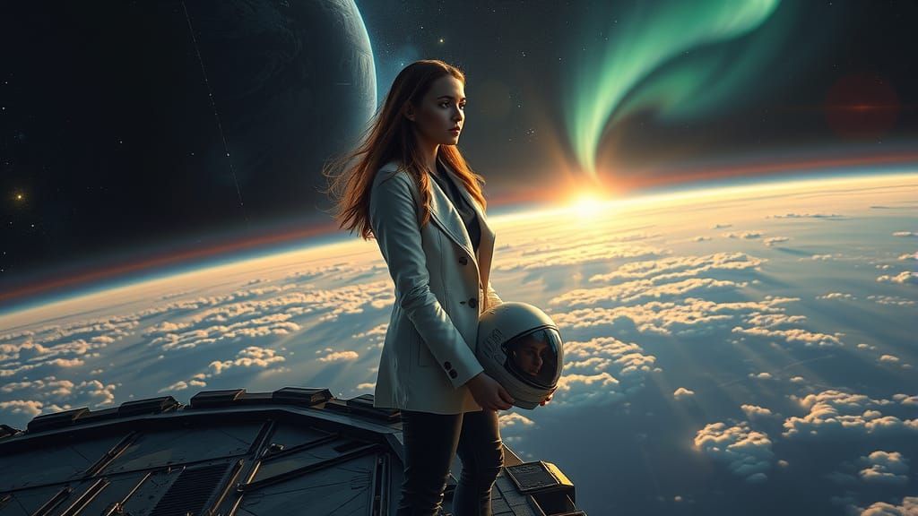 Woman at Edge of Space Station in Photorealistic Style