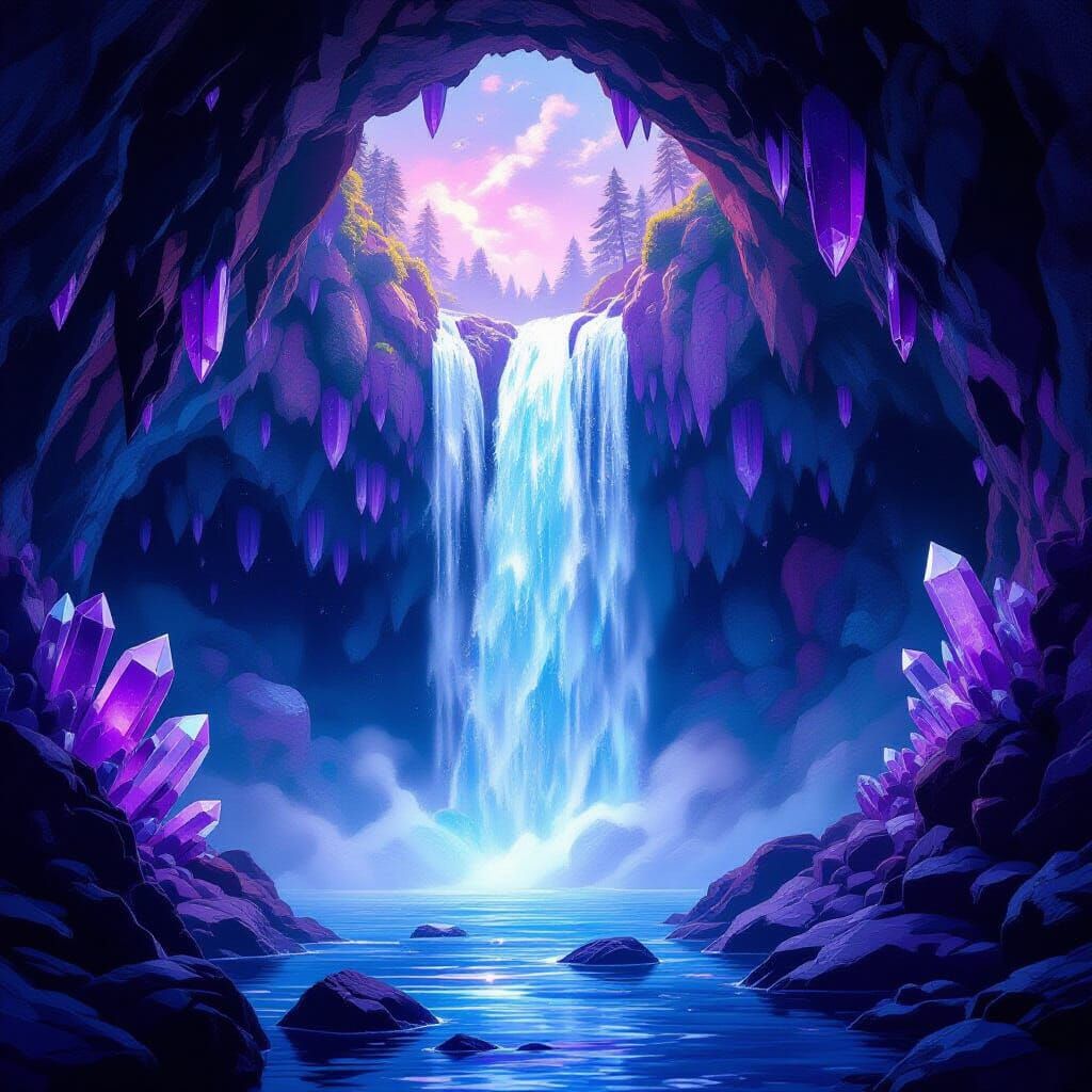 Glowing Waterfall in Amethyst Cave: A Digital Art Piece