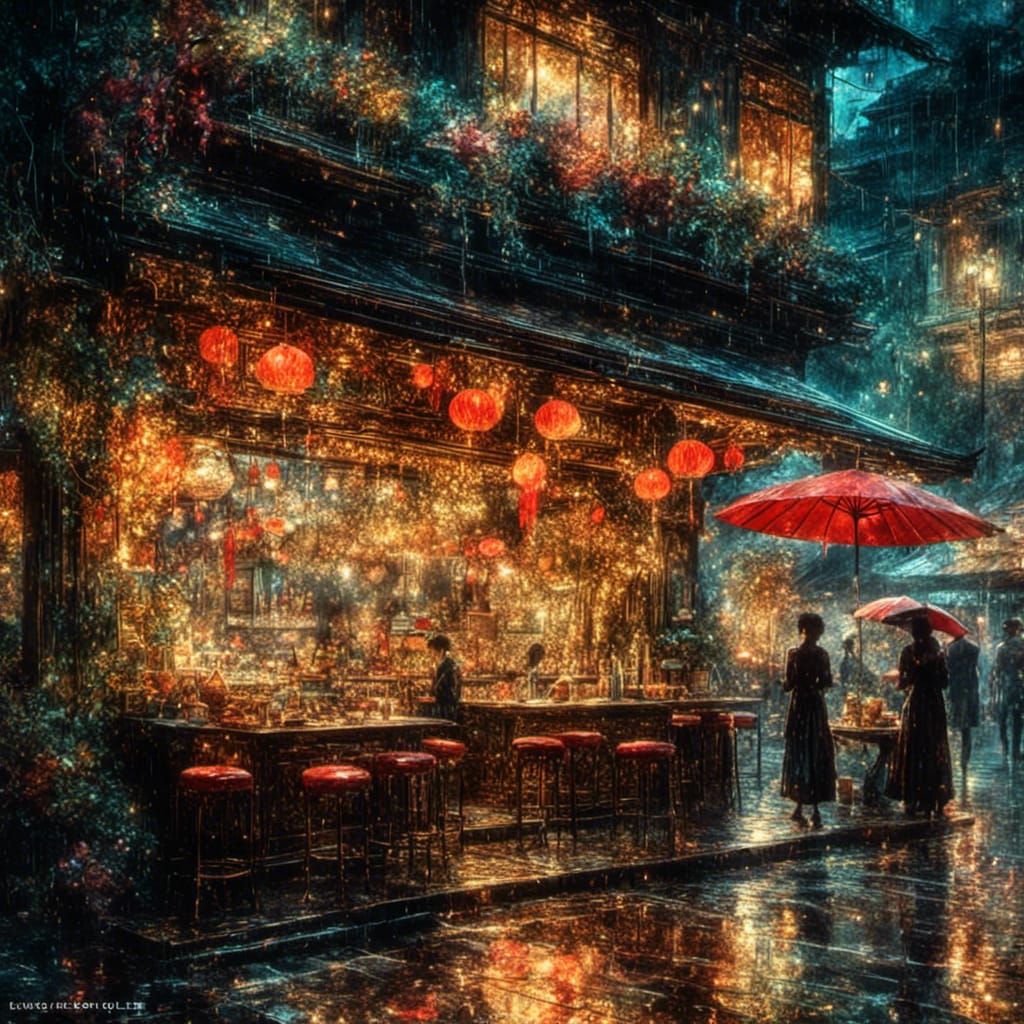 Rainy Night Cafe: Post-Impressionist Watercolor