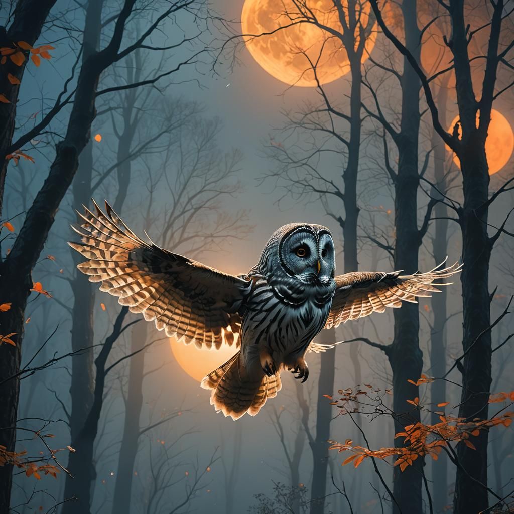 Barred Owl in Misty Forest Under Orange Moon