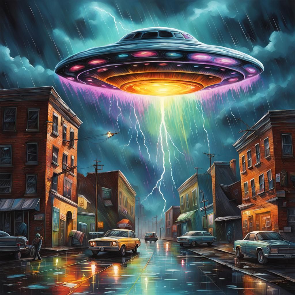UFO in Thunderstorm: Graffiti and Splash Art Fusion
