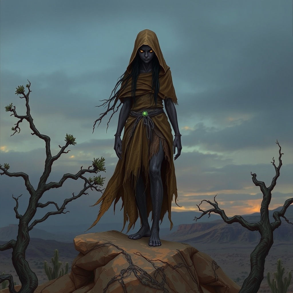 Eerie Female Skin Walker in Dark Fantasy Landscape