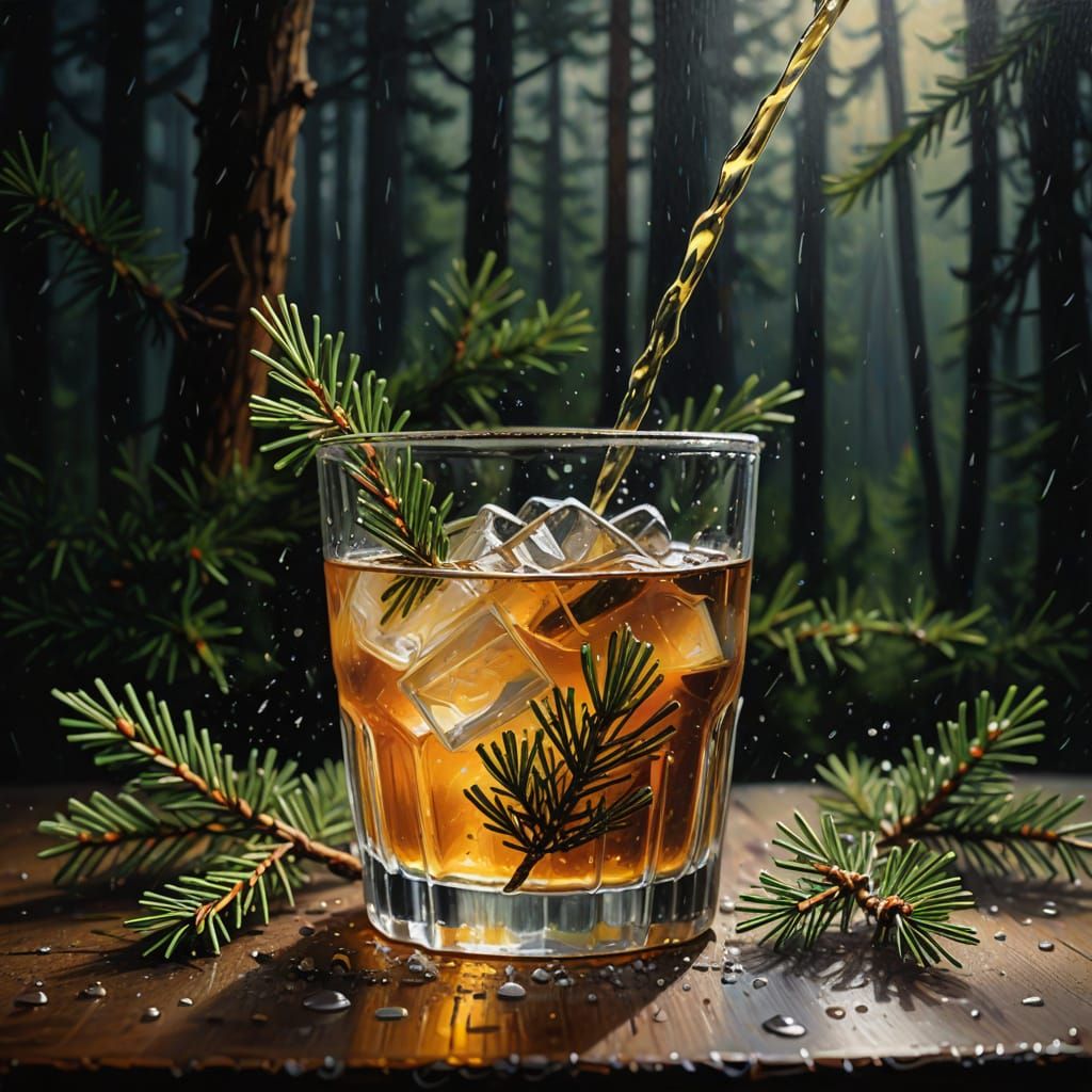 Vibrant Oil Painting of Refreshing Spruce Needle Drink