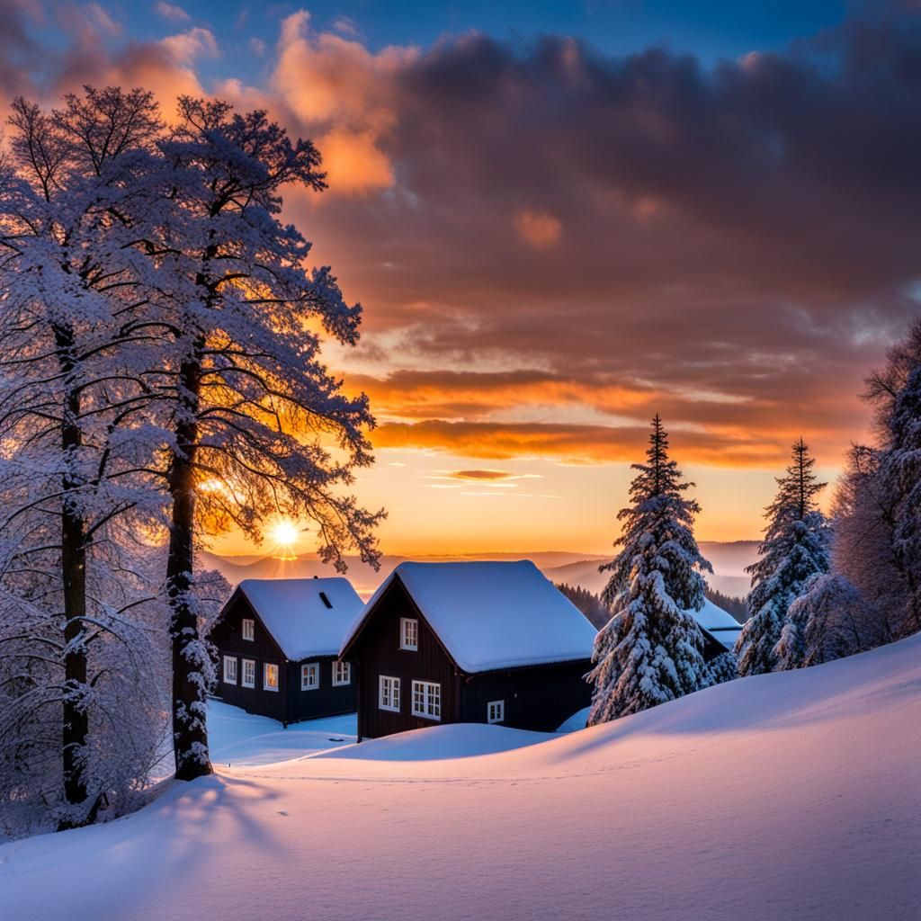 Mountain Sunrise with Snow and House