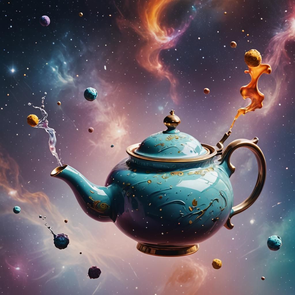 Teapot Floating in Space: Hyperrealistic Concept Art