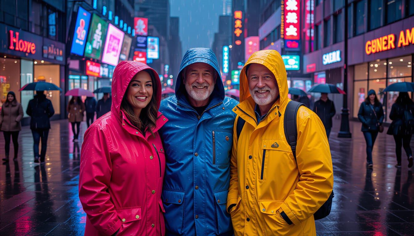 Joyful Multitude in Rain: Photorealistic City Scene