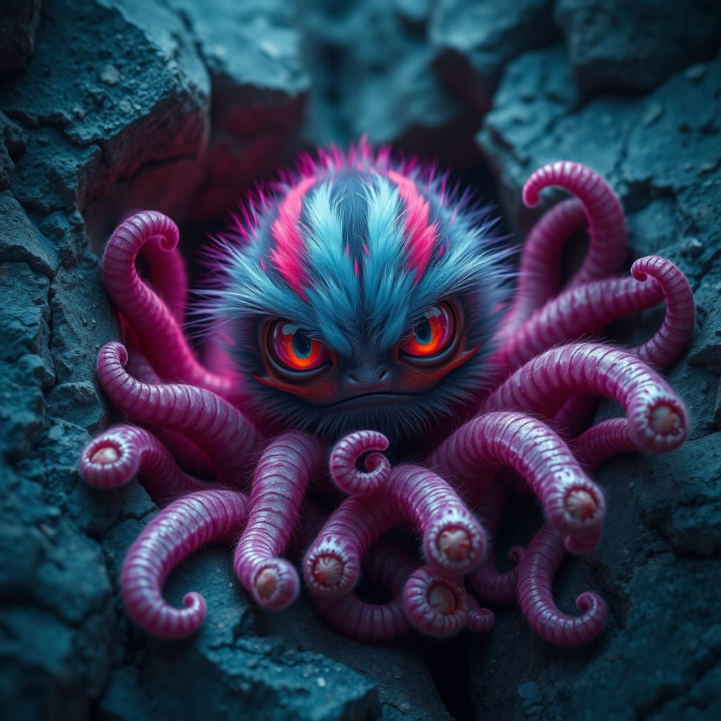 Creepy-Cute Creature with Neon Stripes in Rock Fissure
