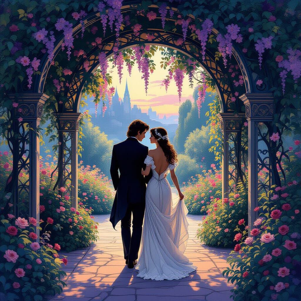 Art Nouveau Lovers Under Blooming Archways at Twilight
