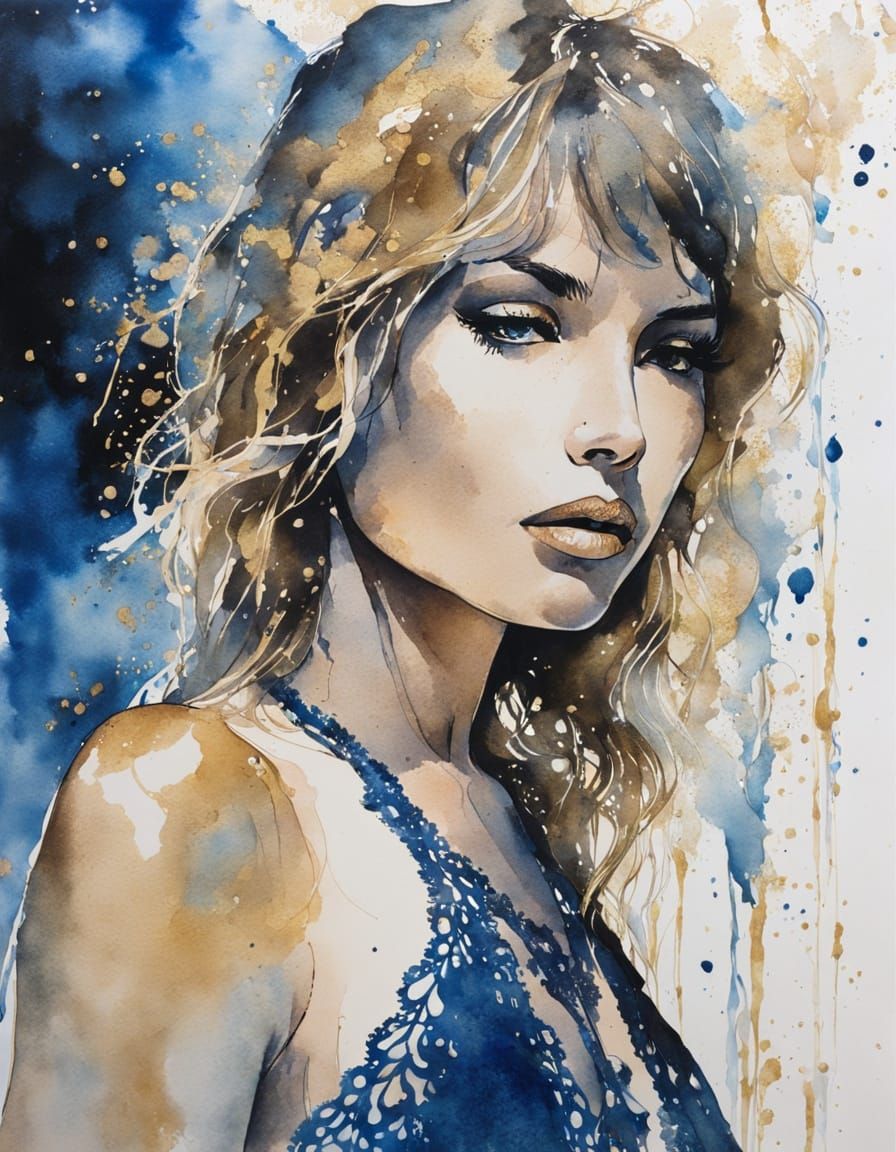 Woman Dancing in Blue, Gold, and White Watercolor Painting