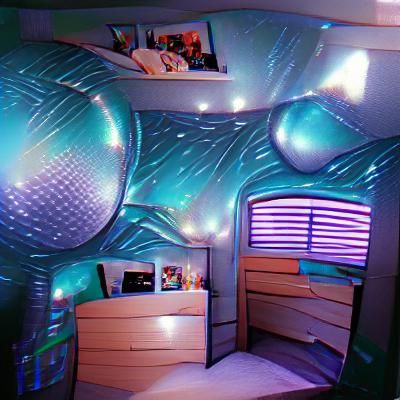 Futuristic Aqua Galaxy Bedroom in 90s Disco Style