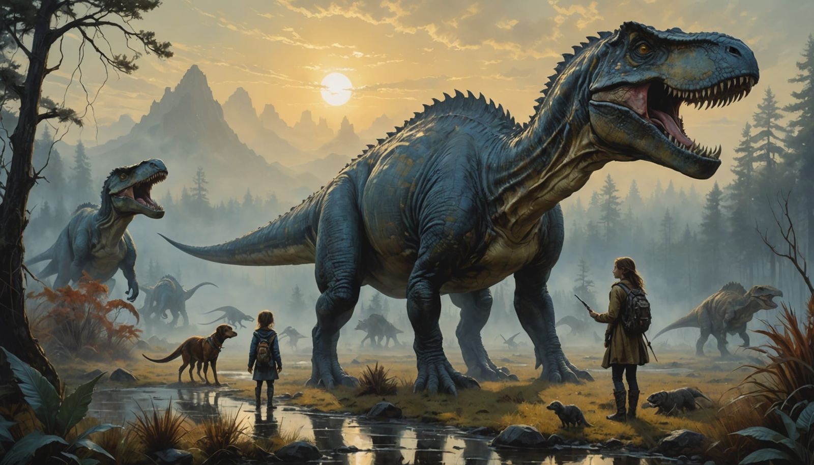 Surreal Prehistoric Dawn with Diverse Dinosaurs in Vibrant I...