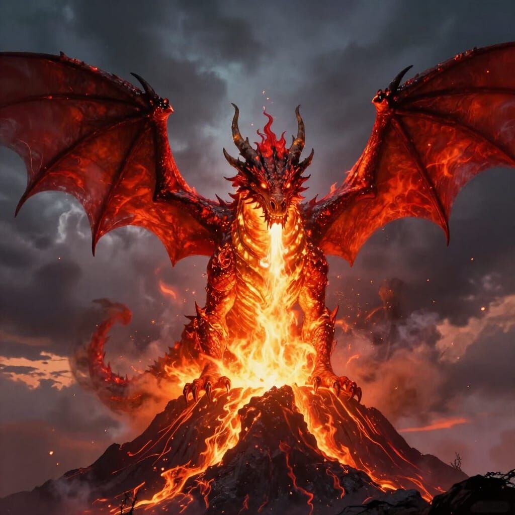 Fire Dragon on Volcanic Peak in Epic Fantasy Art Style