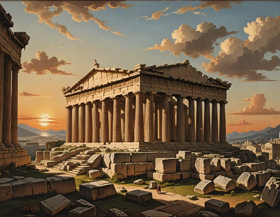 Surreal Ancient Greek Temple Complex Under Warm Sunset