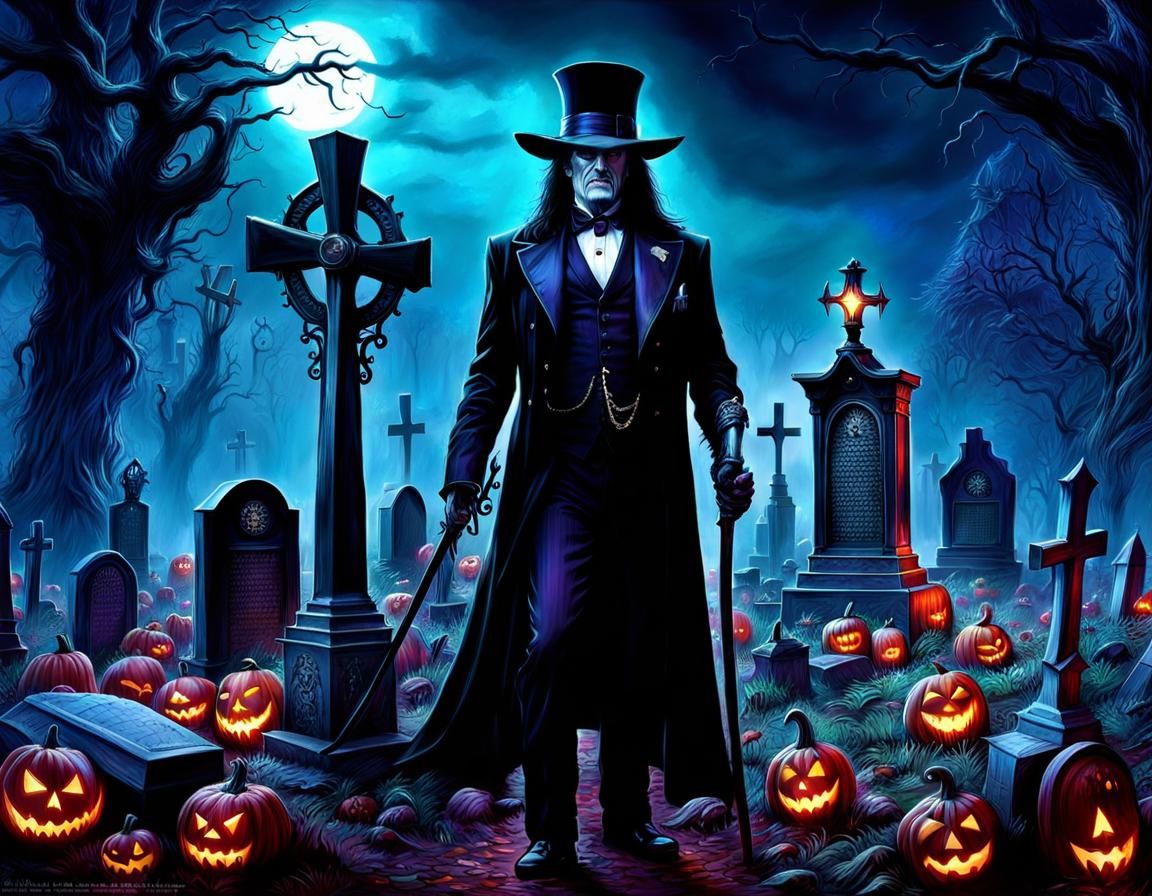 Hyperdetailed Weird Undertaker in Spooktacular Graveyard