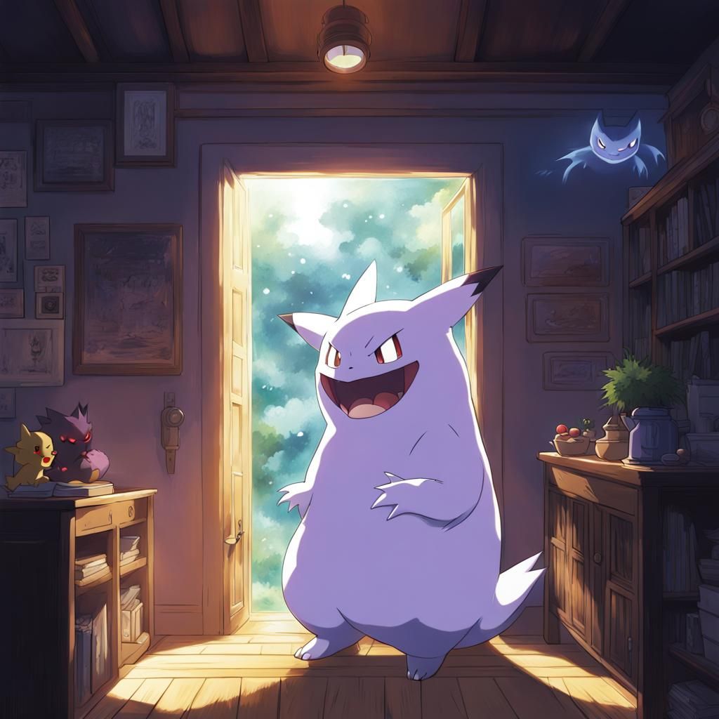Gengar, Pikachu, and Chimchar in Studio Ghibli Style
