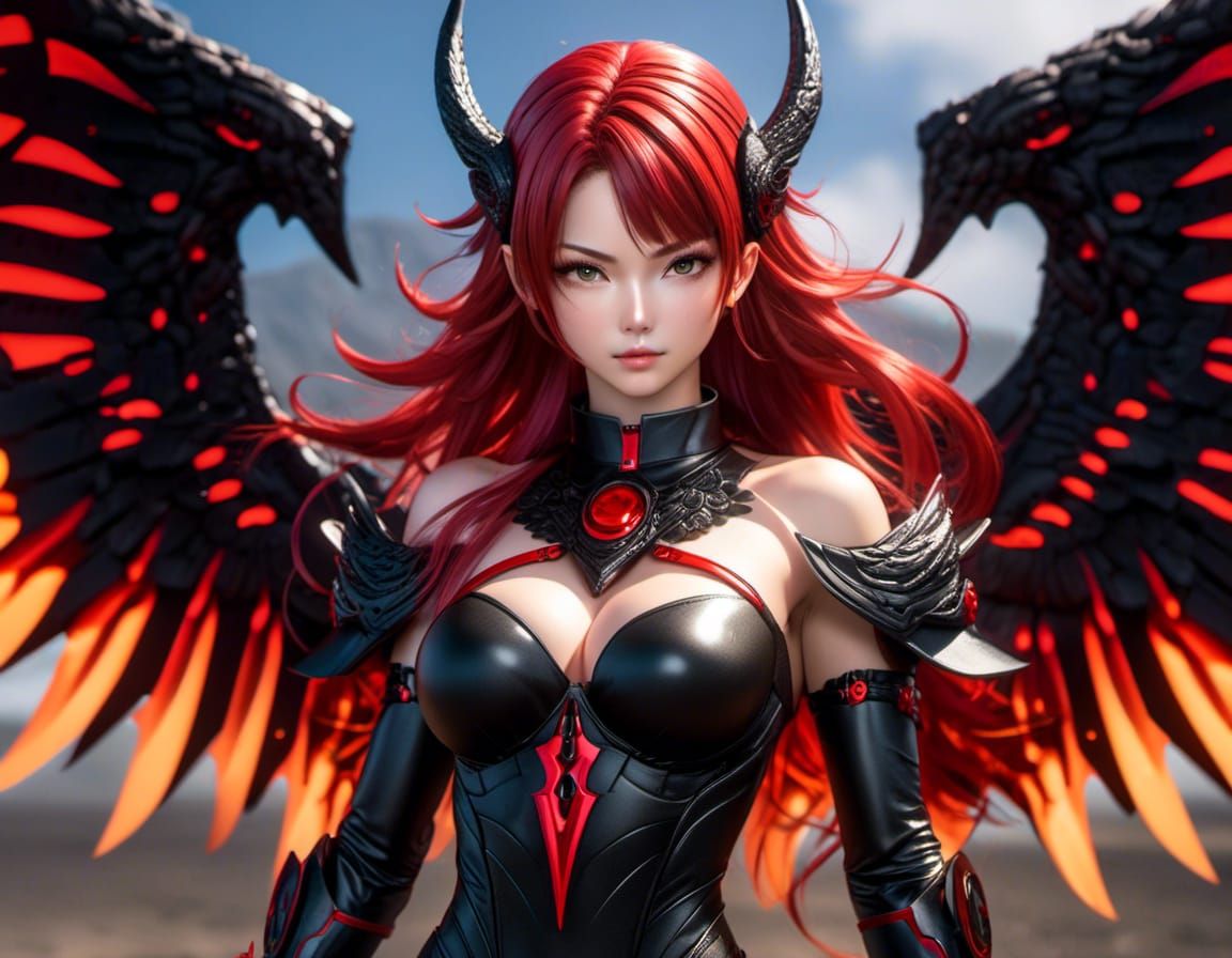 Demonic Redhead Soaring Over Lava Landscape