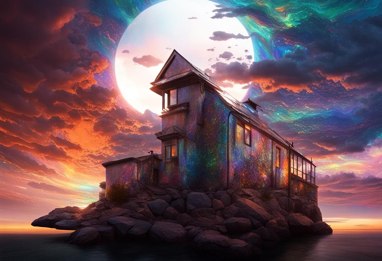 Astral Sunset Over the Bay in Mixed Media