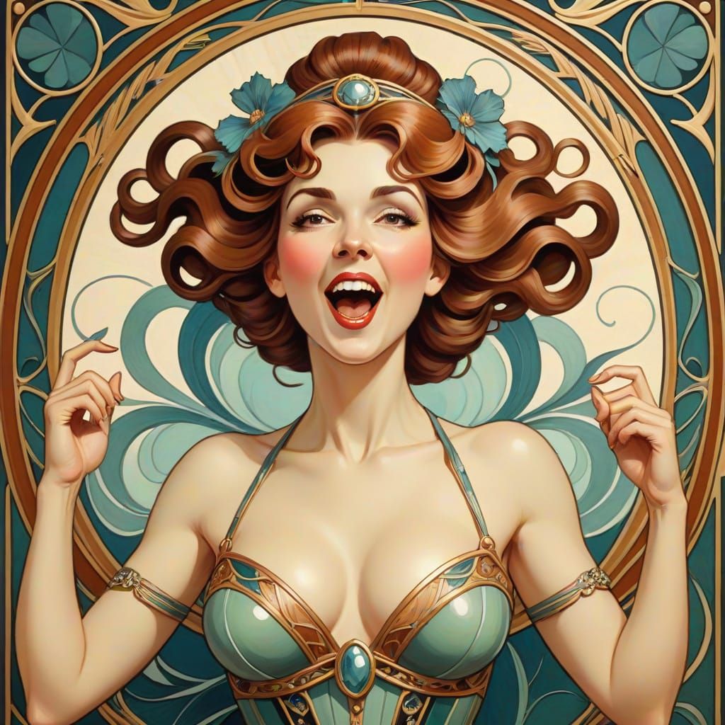 Vibrant Art Nouveau Lady with Floral Accents