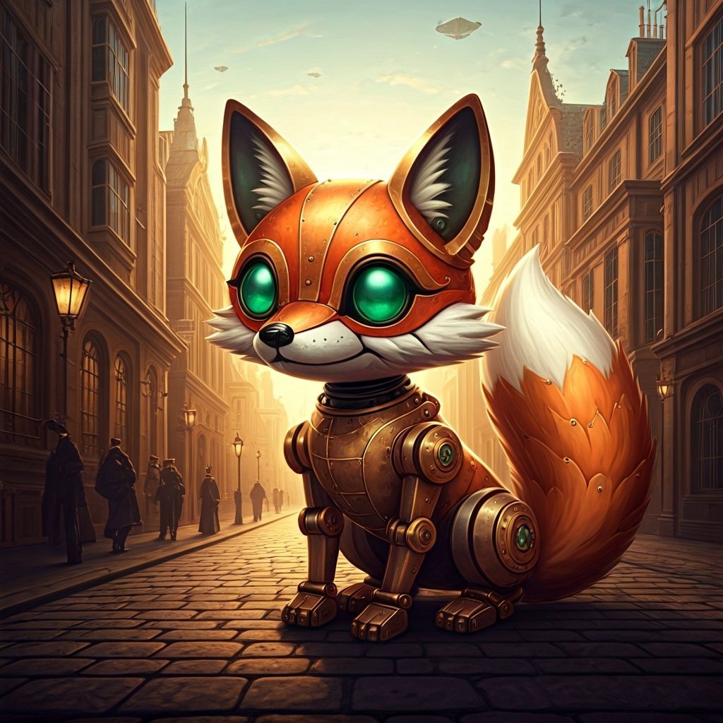 Steampunk Mechanical Fox in Victorian Cityscape