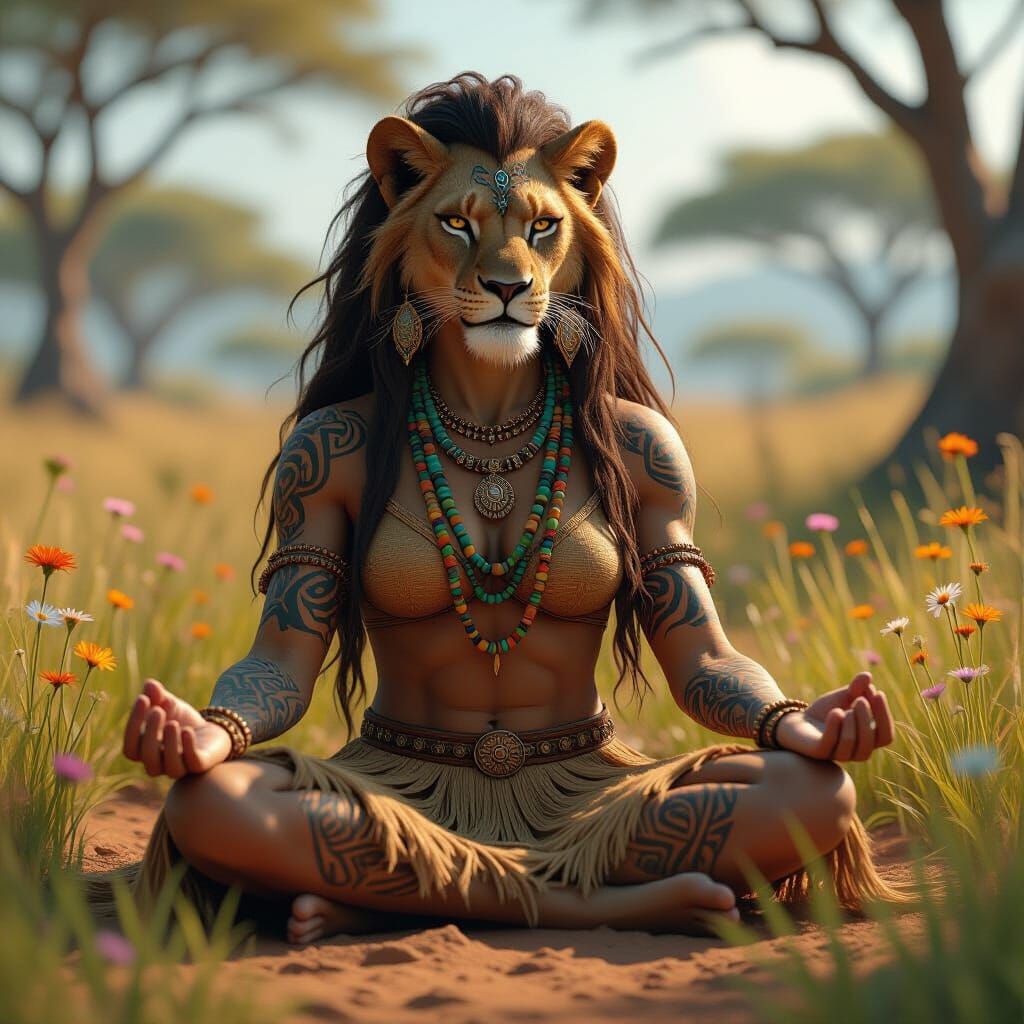 Lioness Meditating in Savanna, Digital Art
