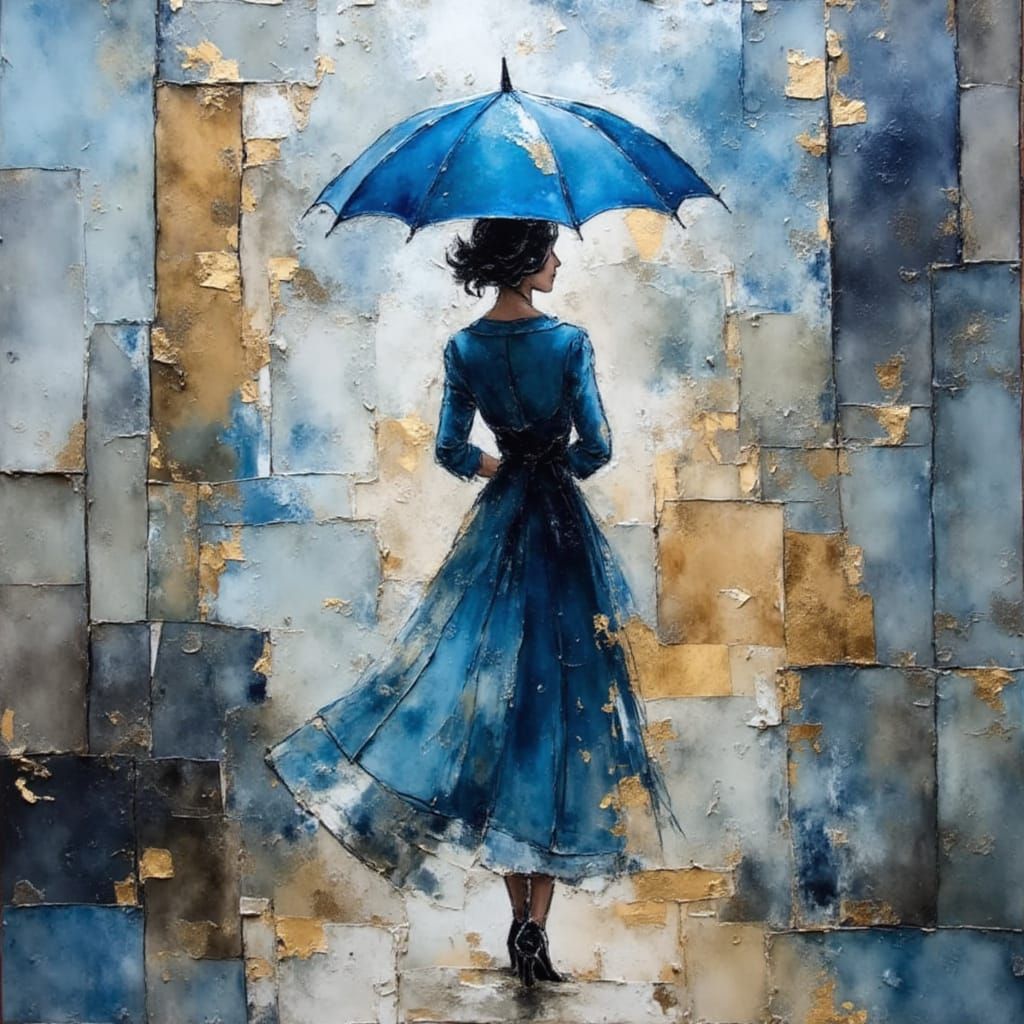 Woman with Blue Umbrella in Watercolor Style