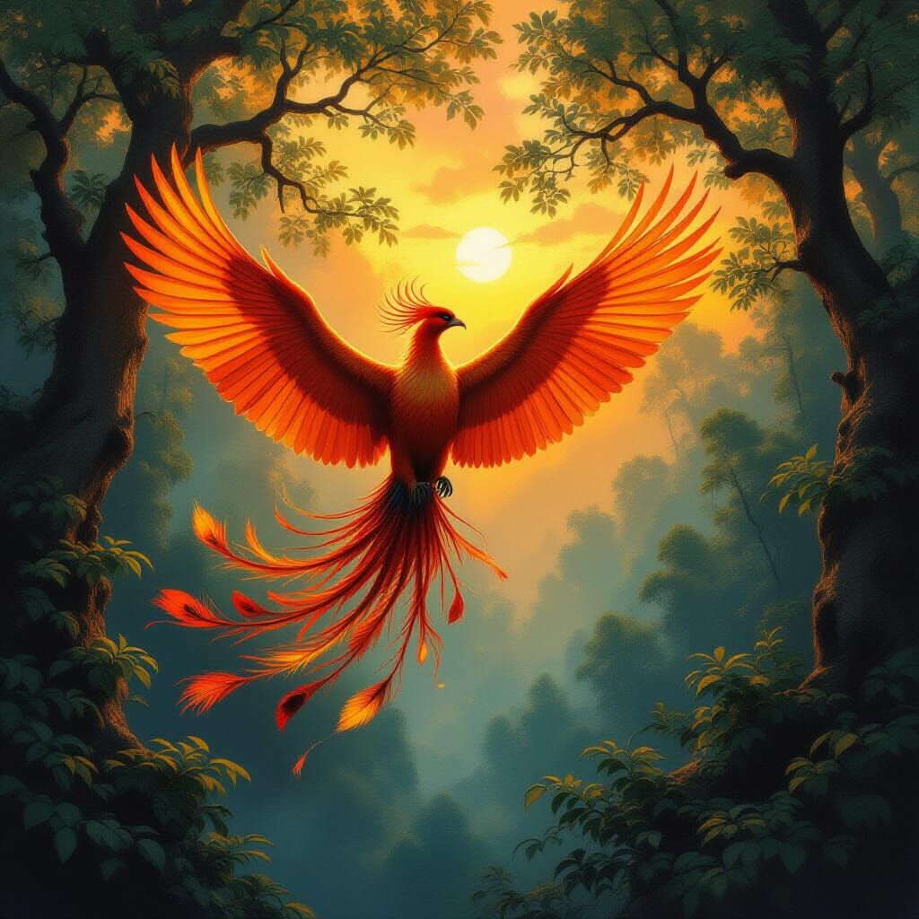 Majestic Phoenix Soars Through Vibrant Forest Canopy