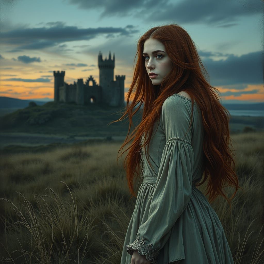 Melancholic Woman on Windswept Moor at Twilight