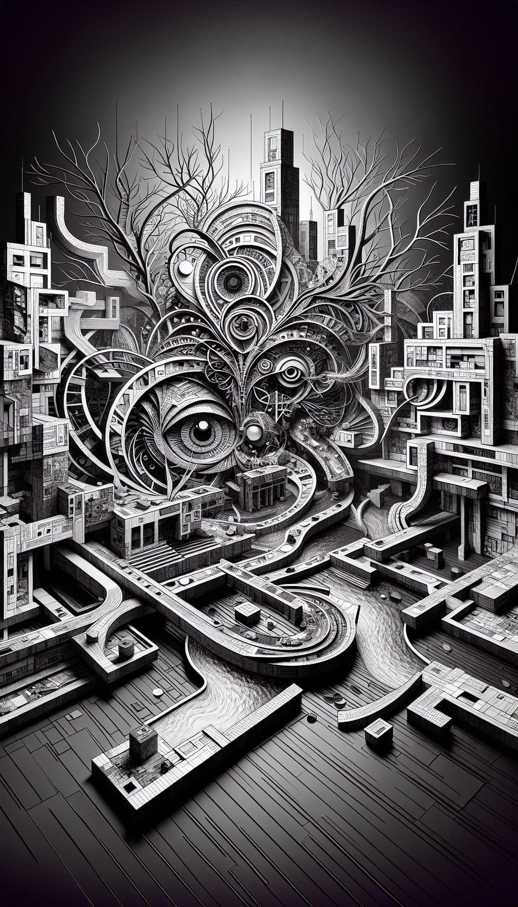 Abstract 3D Render: Geometric Maze in Gothic Setting