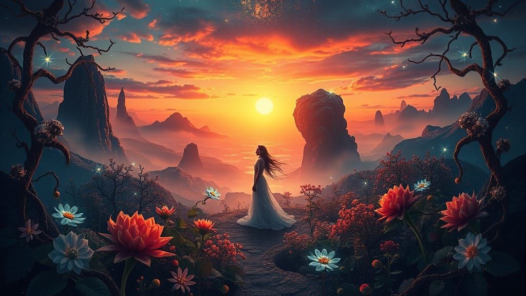 Surreal Sunset Goddess in Cosmic Landscape