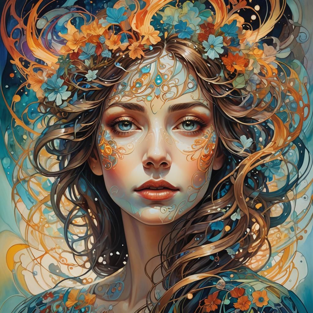 Surreal Portrait of Woman with Swirling Thoughts