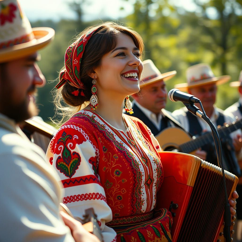Russian Folk Singer Smiles in Vibrant Group Performance