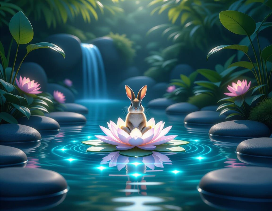 Bioluminescent Oasis with Meditating Rabbit on Lotus