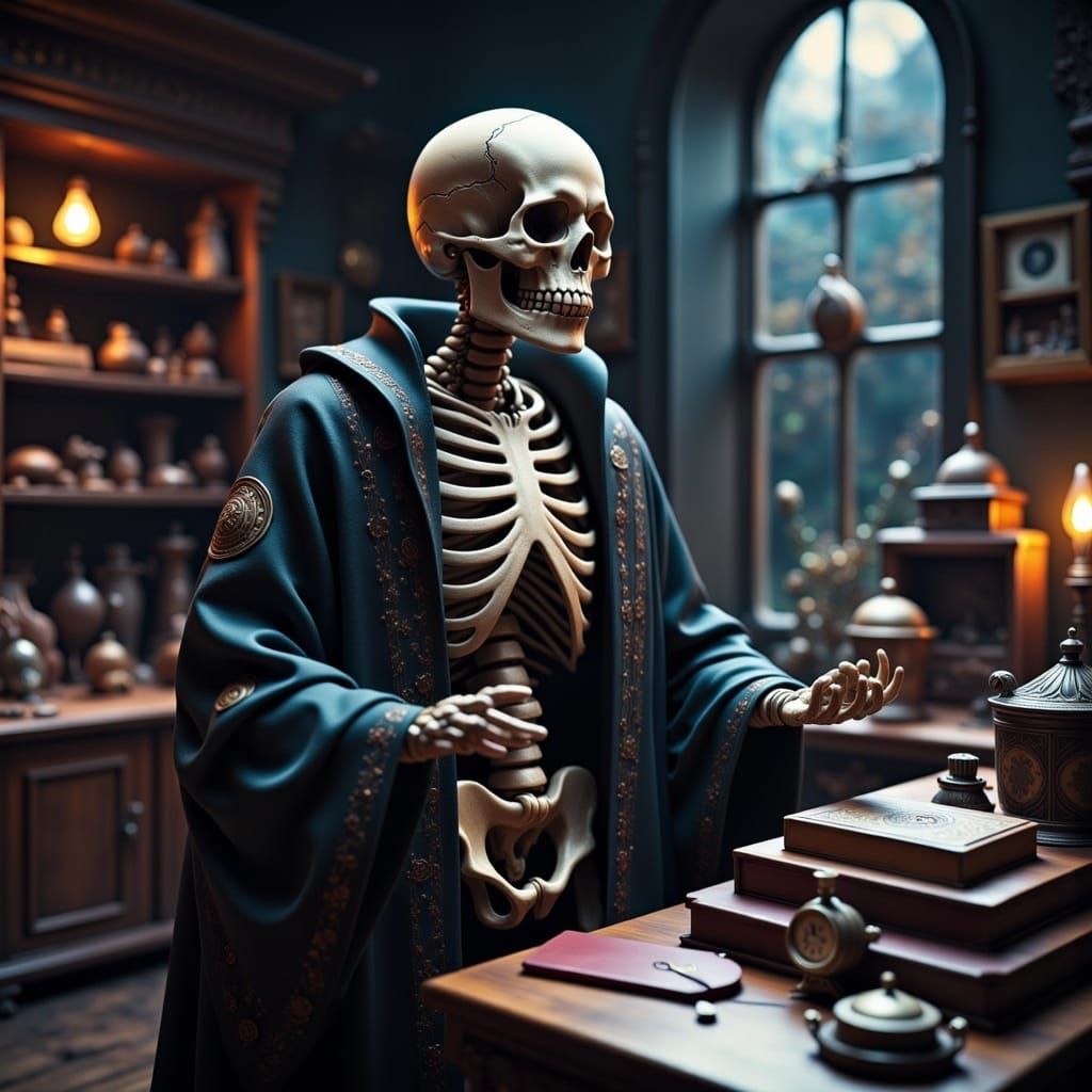 Ornate Skeleton in Abandoned Apothecary, Surrealist Style