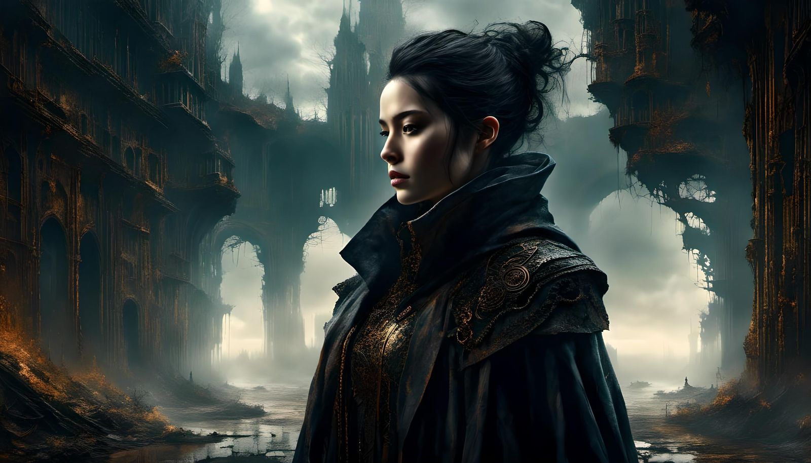 Cyborg Observes Ruined Harbor in Eerie Mist