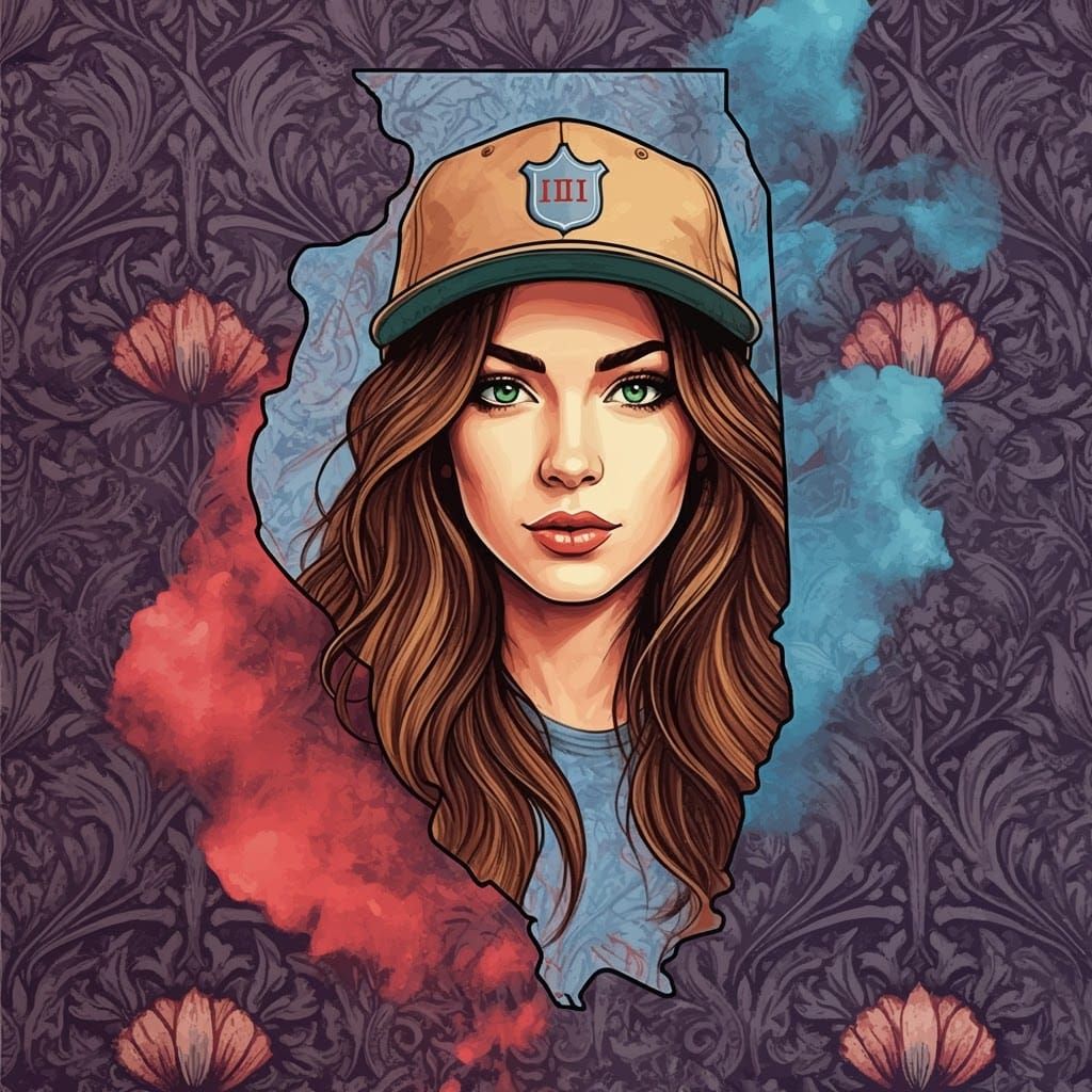 A rich color painting and ink sketch of a sassy woman with green eyes, long cascading brown hair with blonde streaks, we...