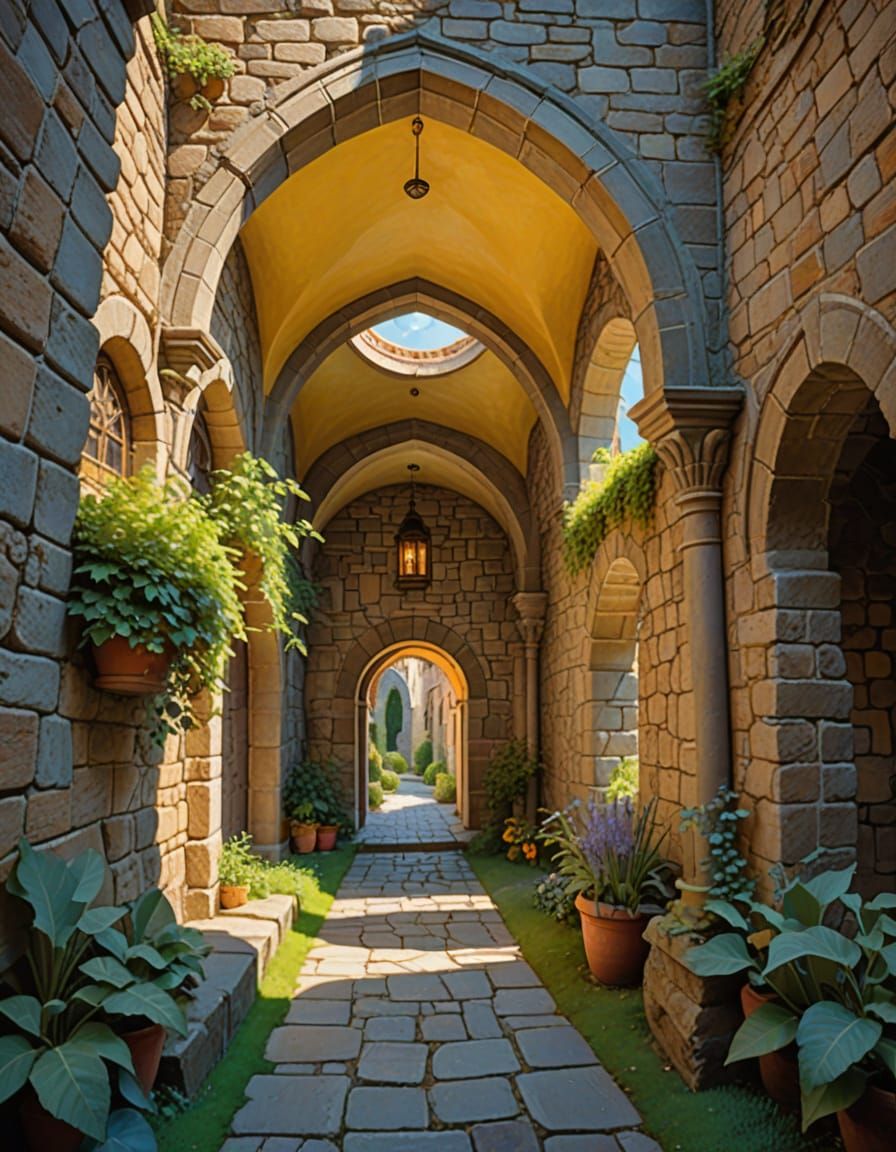 Monastery Passageway in Watercolor Fantasy Style