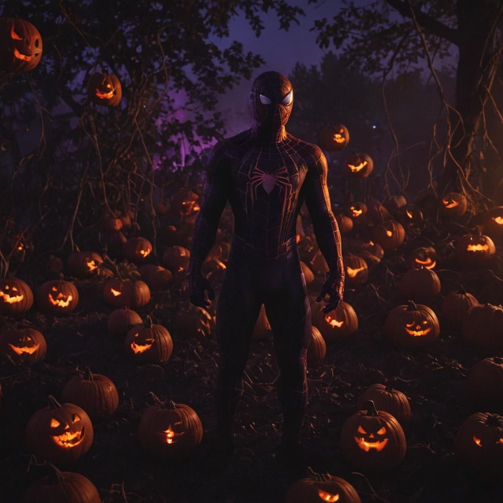 Spiderman Amidst Burning Pumpkins: A Cinematic Halloween Sce...