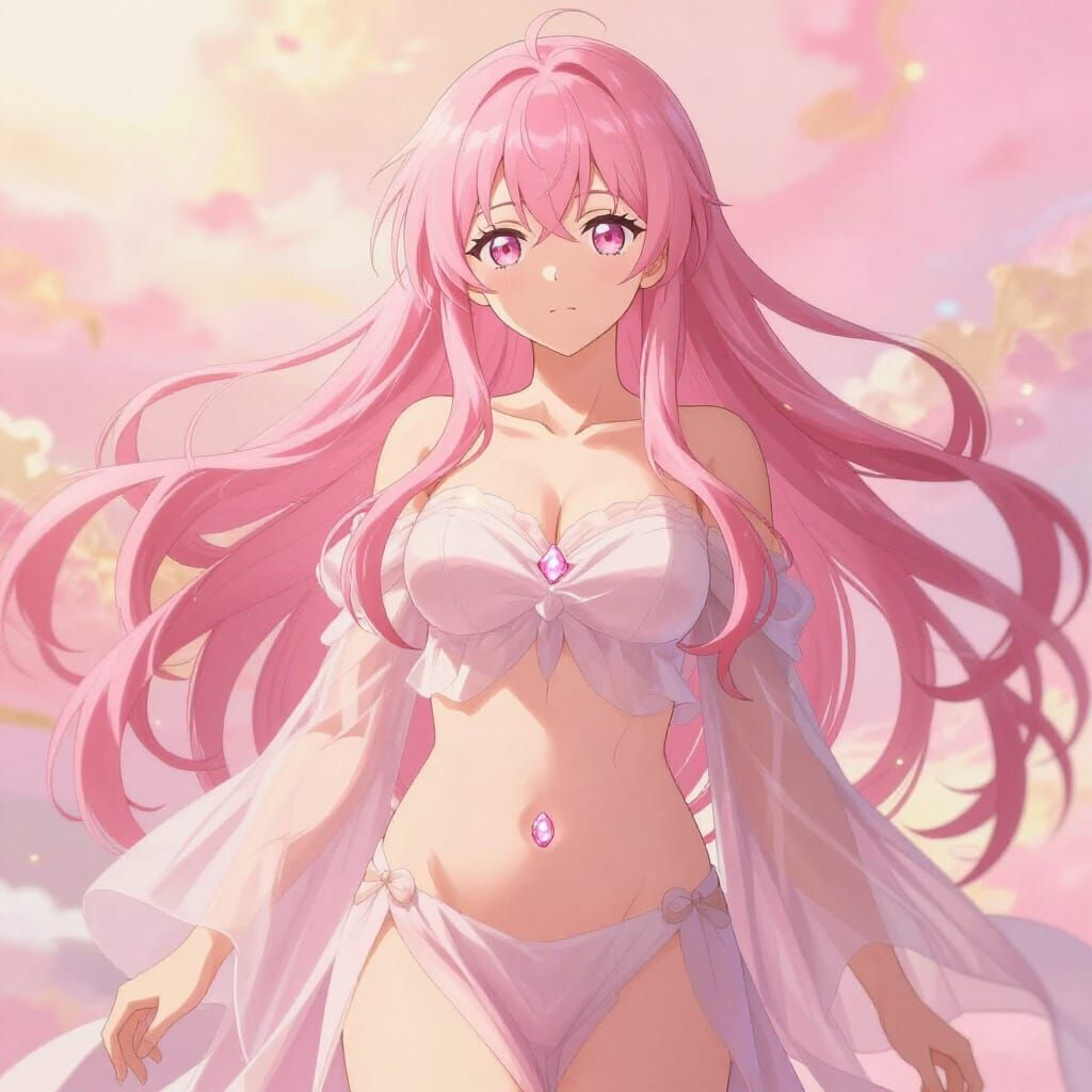 Radiant Pink-Haired Goddess of Love with Glowing Gem
