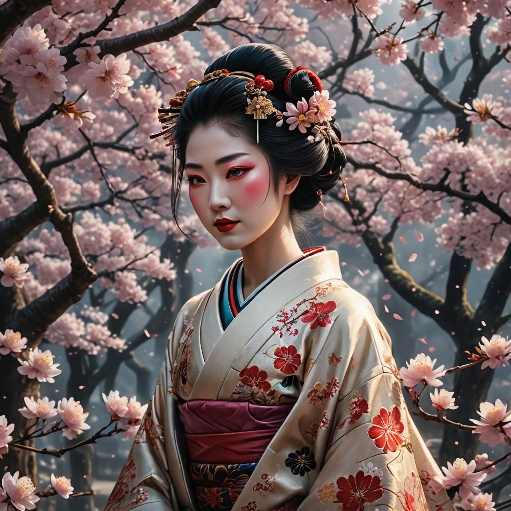 Happy Geisha Portrait with Cherry Blossoms