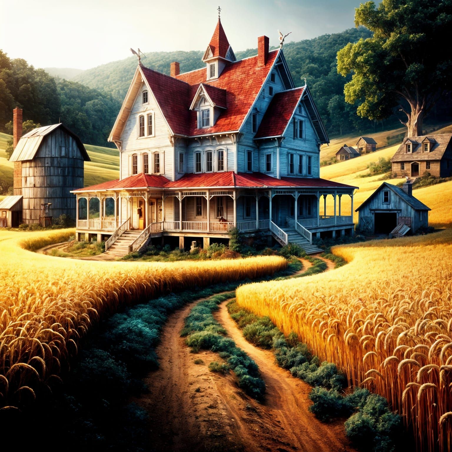 White wooden Virginia farmHouse with red roof in foreground,