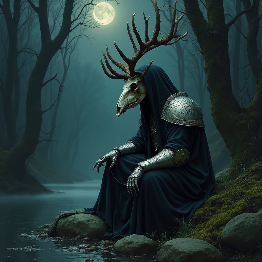 Mystical Deer Skull in Armored Robes in Dark Forest